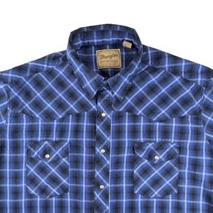 Wrangler Western‎ Shirts Mens 2XL Blue Black Plaid Pearl Snap Short Sleeve Shirt